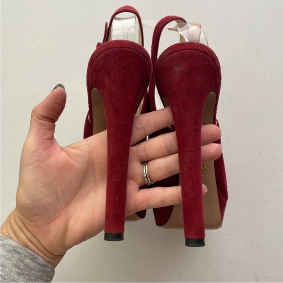 Prada Heels Pumps Shoes Suede red Peep Toe - Picture 8 of 11